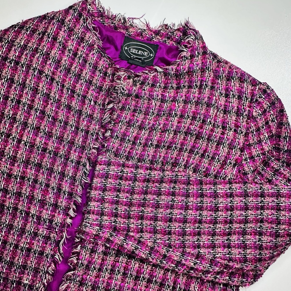 Selene Sport Tweed Fringe Open Front Jacket Pink Black Long Sleeve Women's Small